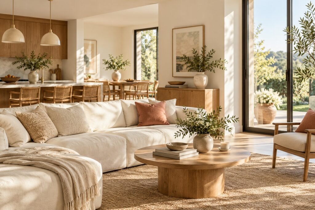 Illustrative sunlit living room, created for TIDELLE template