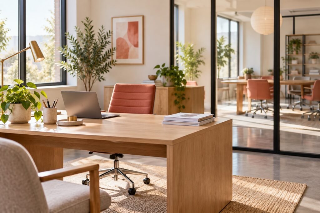 Illustrative small workspace interior, created for TIDELLE template