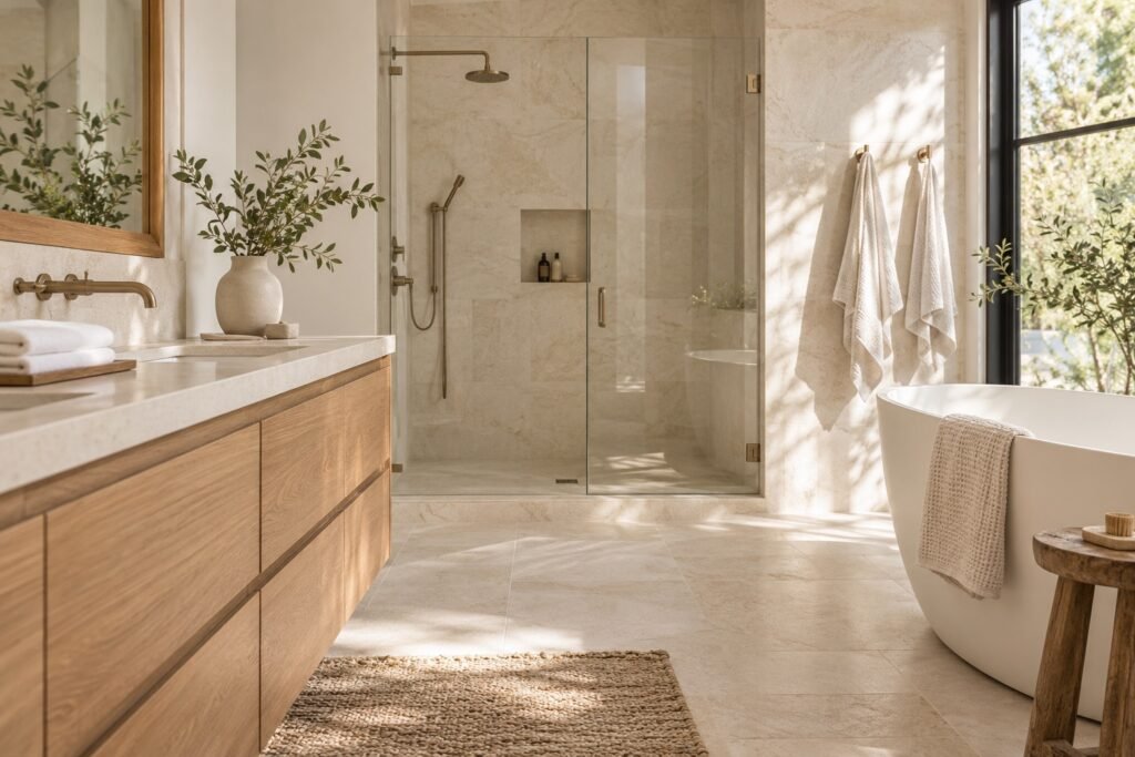 Illustrative calm bathroom interior, created for TIDELLE template