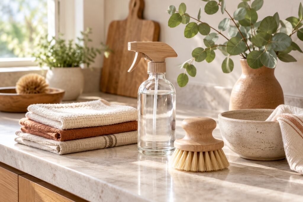 Illustrative cleaning cloths, glass bottle and brush arranged on a pale stone counter